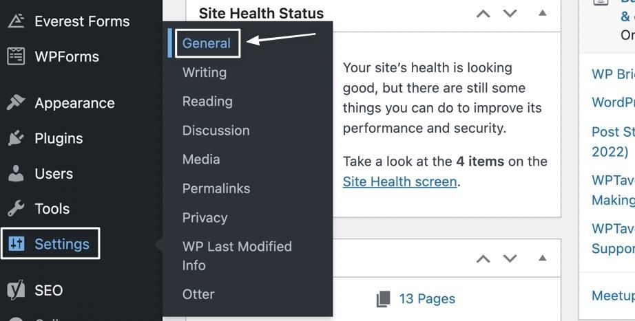 Schermata dal menu laterale di WordPress in cui sono evidenziate le voci Impostazioni e Generali