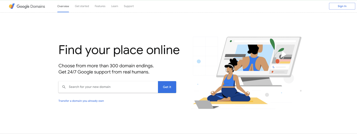 Google Domains Homepage. Eine Frau macht Yoga, während sie Inhalte auf ihre Webseite hochlädt. Schwarzer Text auf weißem Hintergrund sagt: "Finde deinen Platz im Internet. Wähle aus mehr als 300 Domain-Endungen. Erhalte 24/7 Google Support von echten Menschen."