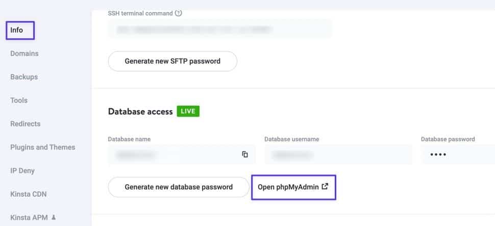 La scheda Info in MyKinsta dove è evidenziato il pulsante > Open phpMyAdmin in MyKinsta