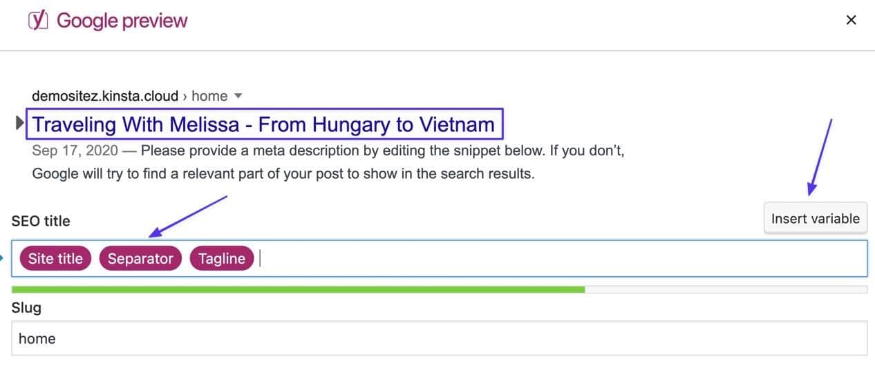Schermata dell’area Google Preview di Yoast nell’editor WordPress in fondo a un articolo: sono evidenziati il titolo del sito, le variabili che lo compongono e il pulsante Insert Variable 