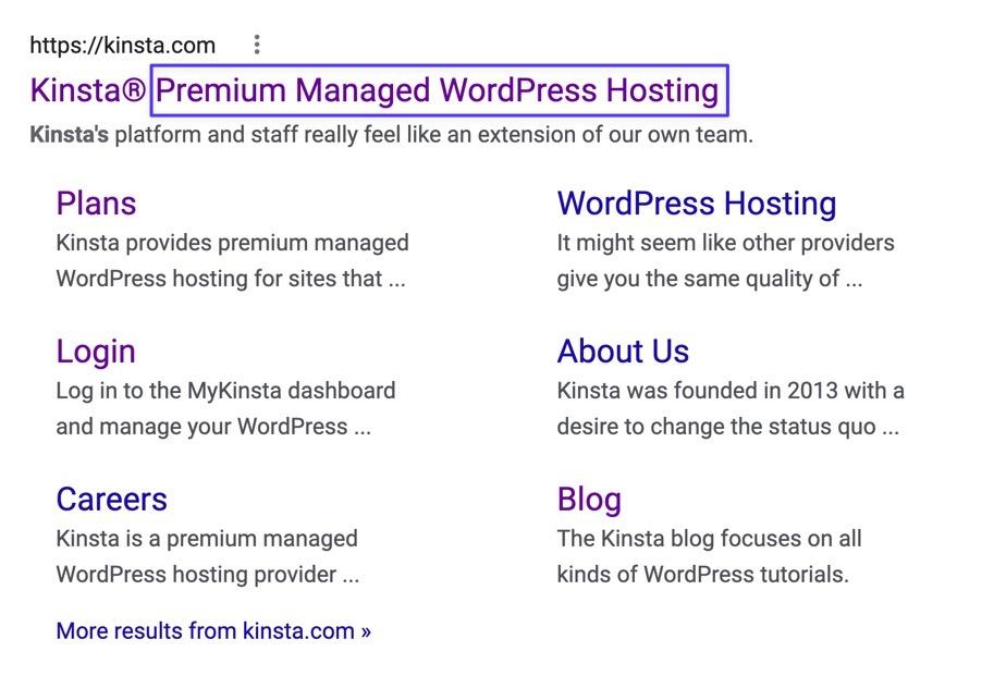 Schermata della SERP di Google dove appare il sito di Kinsta e il titolo Kinsta Premium Managed WordPress Hosting.