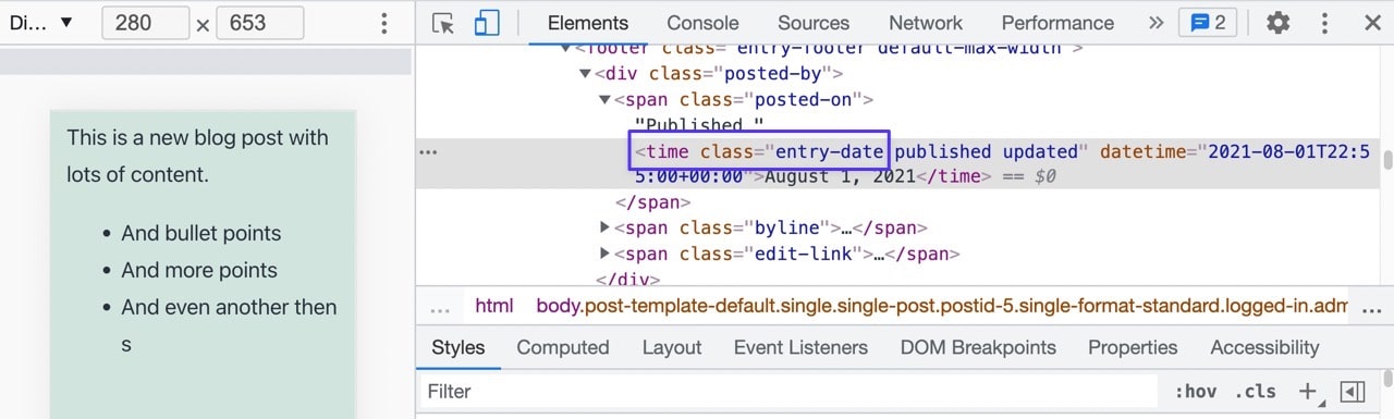 「time class=」のスニペットと、その後にある情報を確認