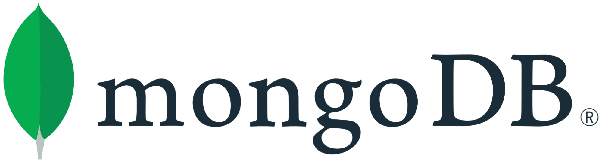 Het MongoDB logo, met de tekst naast een rechtopstaand, groen blad.