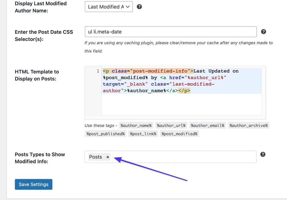 Schermata delle impostazioni del plugin in cui impostare il tipo di contenuto su cui mostrare la data di ultimo aggiornamento