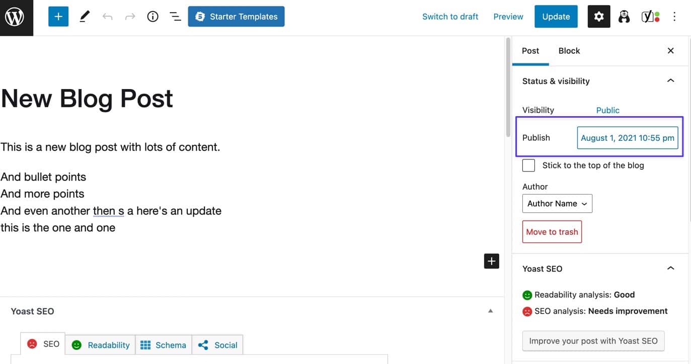 Editor di WordPress con il menu di destra che mostra il campo Publish e la data di pubblicazione