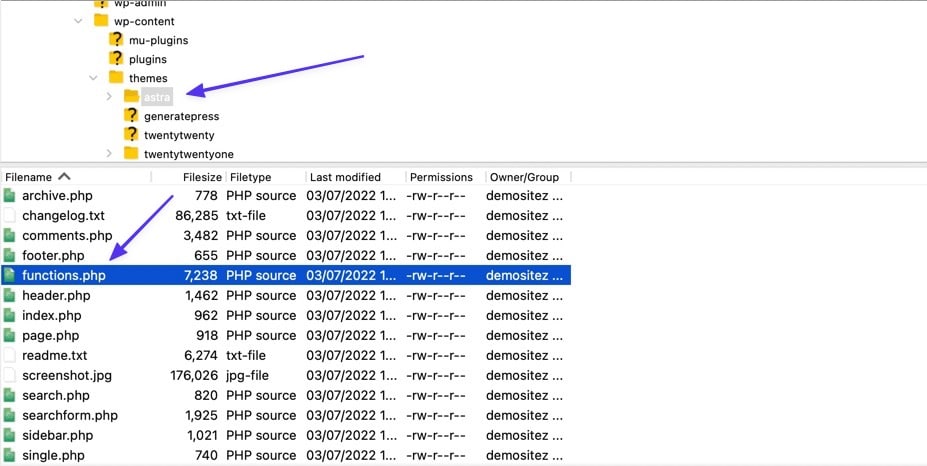 Schermata dell’FTP con la cartella del tema Astra dentro cui compare una lista di file: è evidenziato il file functions.php