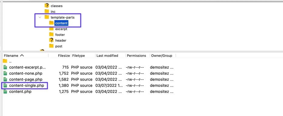 Schermata di un FTP aperto sulla lista di file della tabella template-parts/content: è evidenziato il file content-single.php