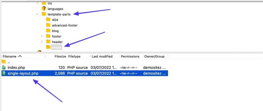 Schermata del FTP dove sono evidenziate le cartelle template-parts/single e il file single-layout.php file