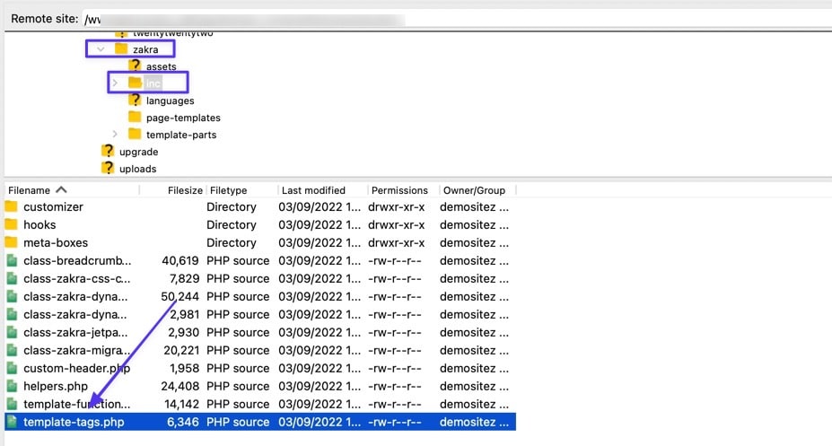 Schermata del FTP, cartella zakra/inc in cui è evidenziato il file template-tags.php