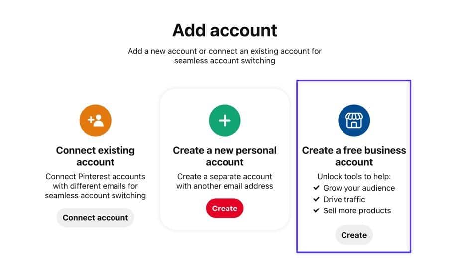 Opção no Pinterest para criar uma conta comercial gratuita