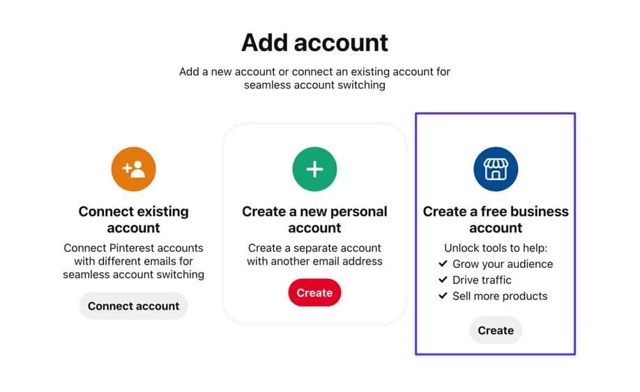 Option auf Pinterest, um ein kostenloses Geschäftskonto zu erstellen.
