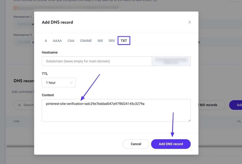 Paste the TXT record into the Content field, then click Add DNS Record