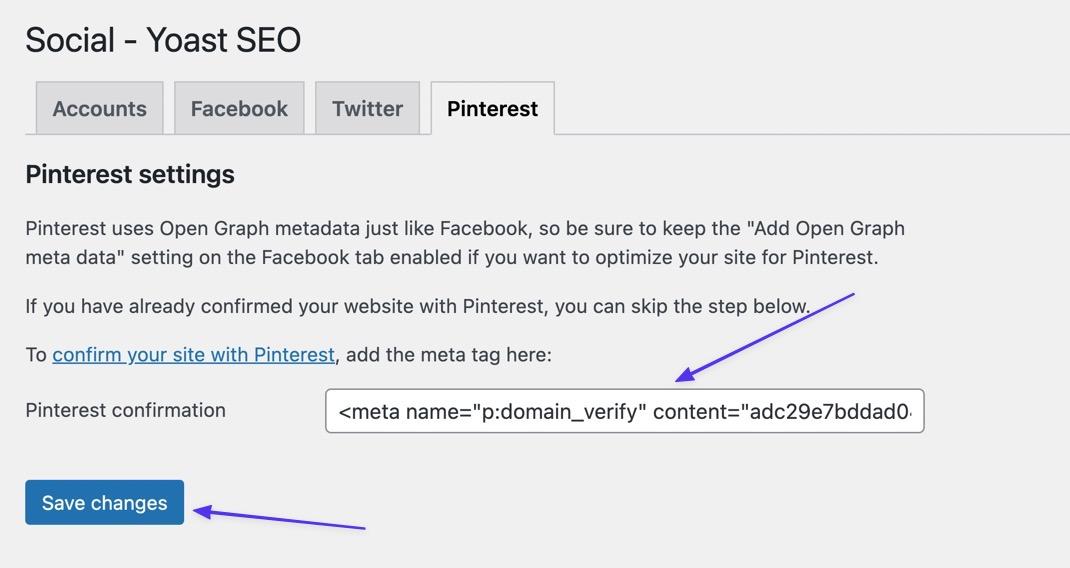 Incollate il tag nel campo di conferma di Pinterest