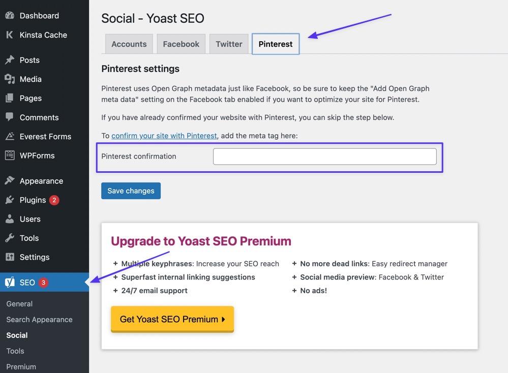 SEO > Social > Pinterest dans Yoast.