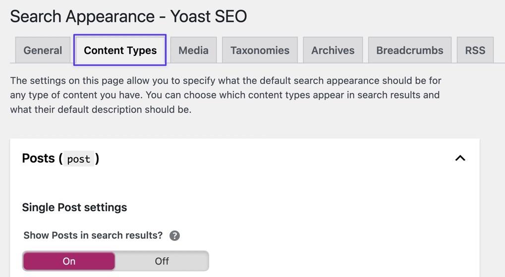 Schermata della scheda Content Types delle impostazioni di Yoast