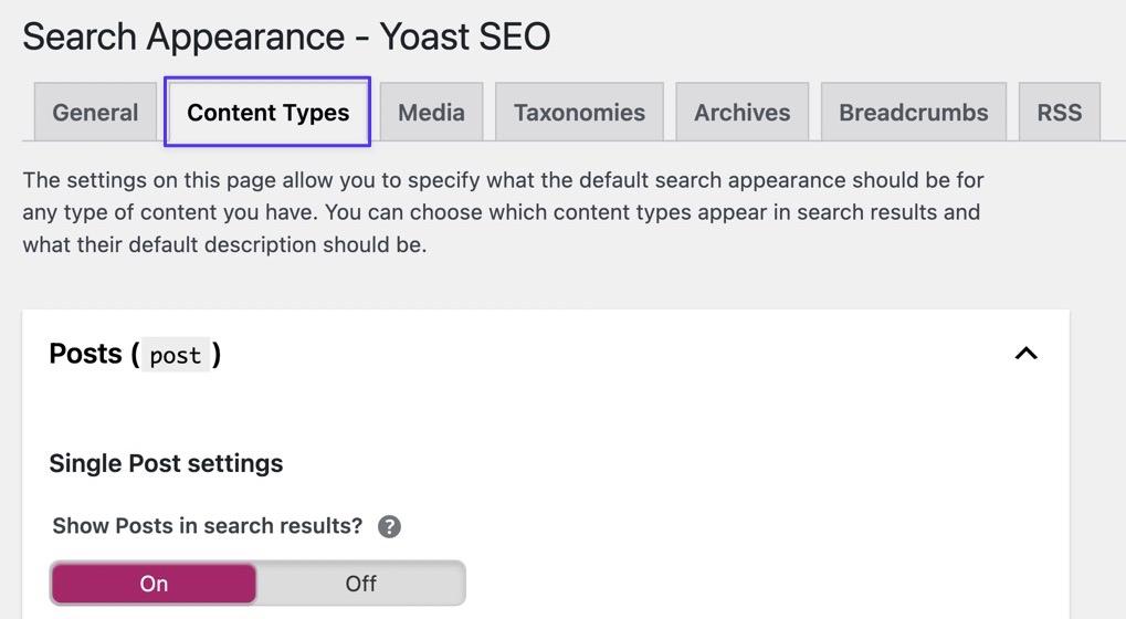 L'onglet Types de contenu dans Yoast