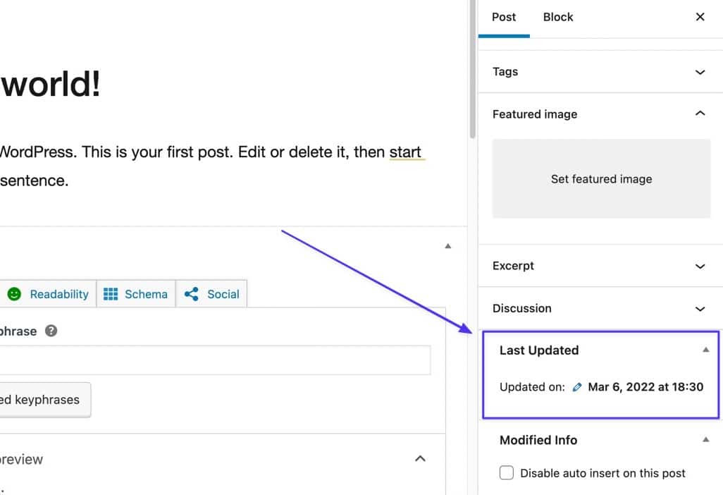 Schermata dell’editor di WordPress, nel menu di destra compare il riquadro Last Updated con la voce Updated on March 6, 2022 at 18:30