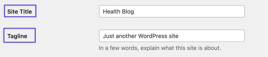 Schermata del backend di WordPress con i due campi Site Title e Site Tagline