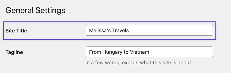 Schermata della sezione Impostazioni Generali nel backend di WordPress dove è evidenziato il campo Site Title e il titolo Melissa’s Travel