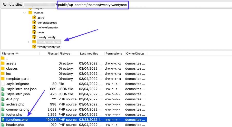 Schermata della finestra di un client FTP in cui è evidenziato il file functions.php dentro la cartella del tema