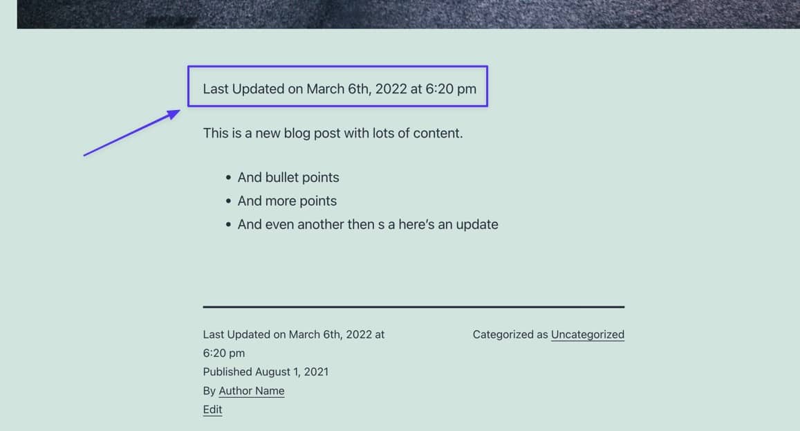 Schermata di un blog in cui la data di ultimo aggiornamento compare prima dell’articolo
