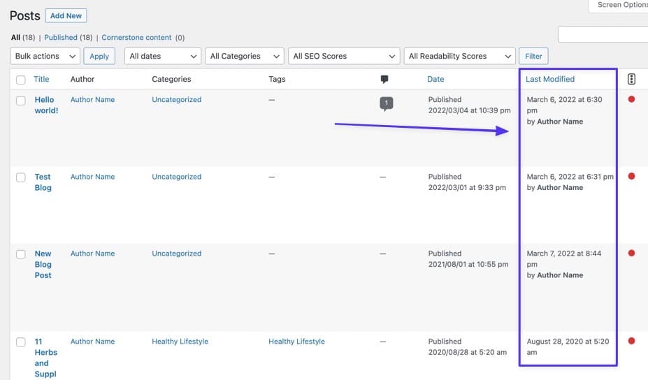 O plugin inclui uma nova coluna backend para a data da Última Modificação