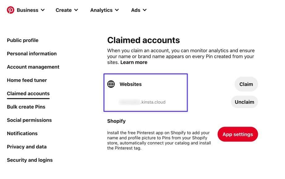 Le site vérifié répertorié sous la section Comptes revendiqués dans Pinterest.