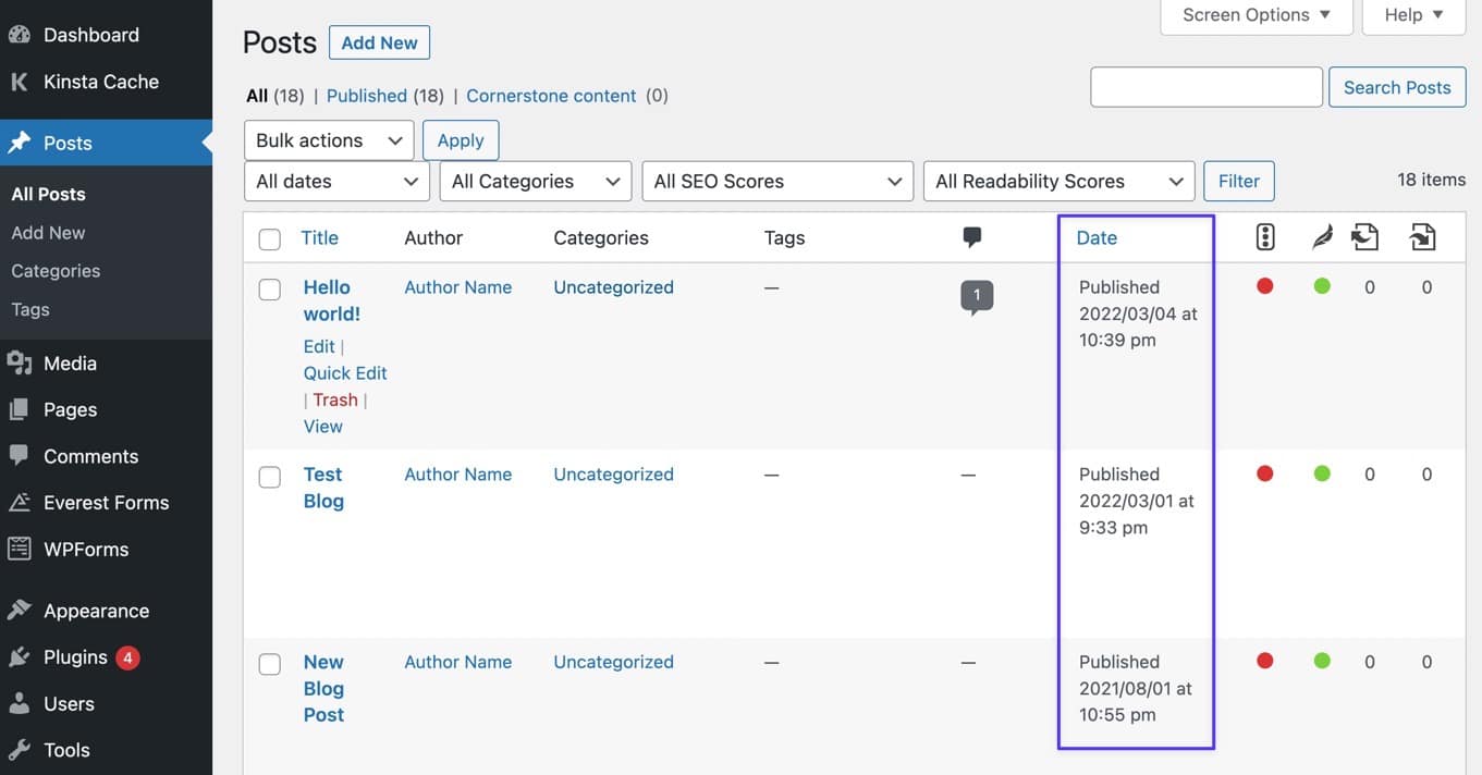 There's only a Published Date column on the backend post list