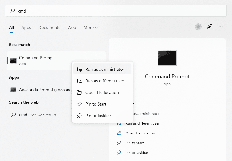 L'icône de l'invite de commande après avoir recherché « cmd » dans Windows 10/11