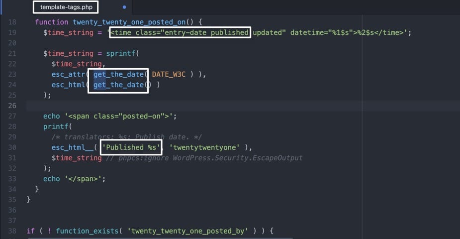 Schermata di un editor di codice con diverse righe di codice in cui sono evidenziati gli indicatori time class, get_the_date e published