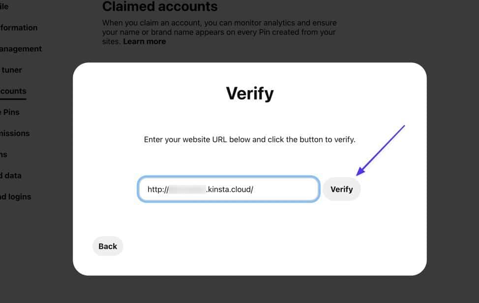 Verify the connection with your URL on Pinterest