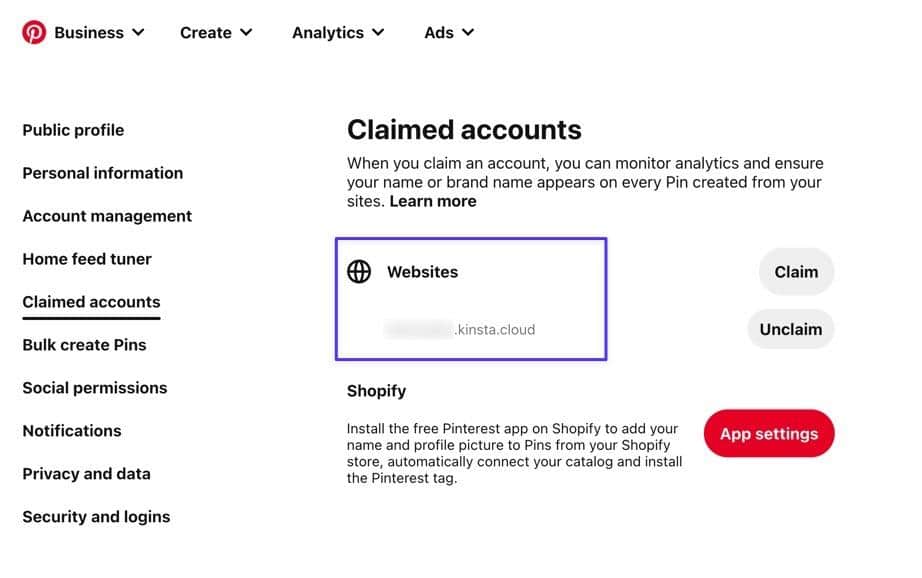 La sezione Claimed Accounts mostra tutti i siti web verificati su Pinterest
