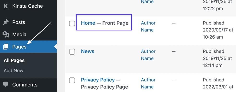 View your list of Pages, then select the Homepage
