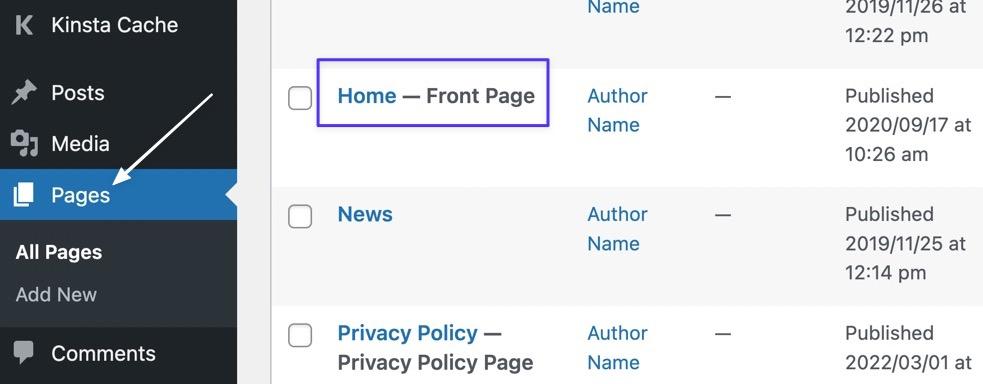 Schermata del menu laterale del backend di WordPress in cui è evidenziata la voce Pagine