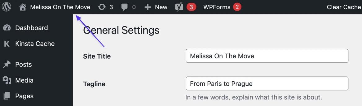 Vista del backend di un sito WordPress in cui il titolo Melissa On The Move appare in alto a sinistra
