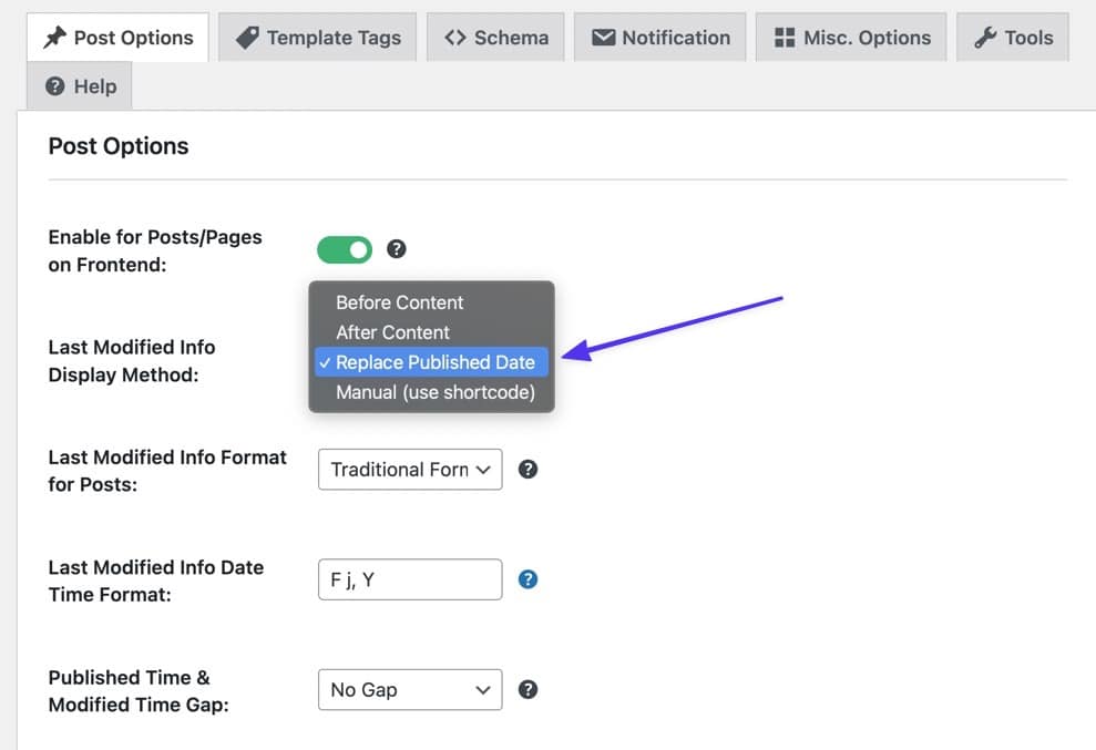 Schermata Post Options del plugin WP Last Modified Info dove potete sostituire la data di pubblicazione con la data di ultimo aggiornamento