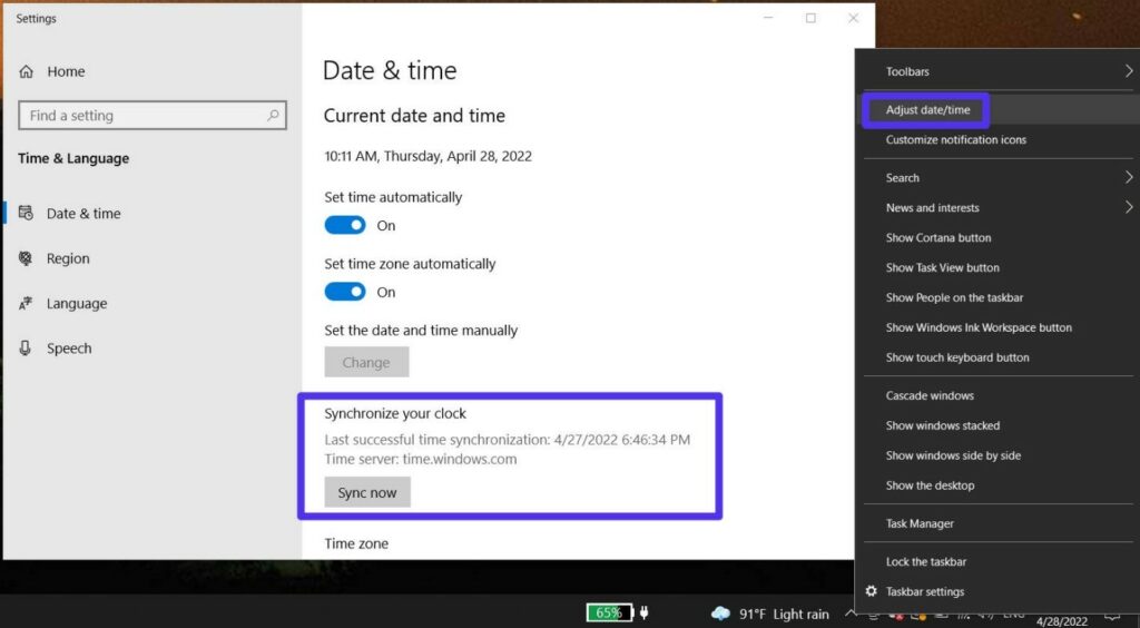 How to adjust date/time on Windows.