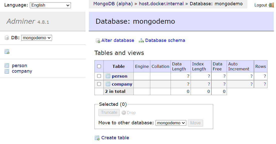 Adminer Sammlungsansicht