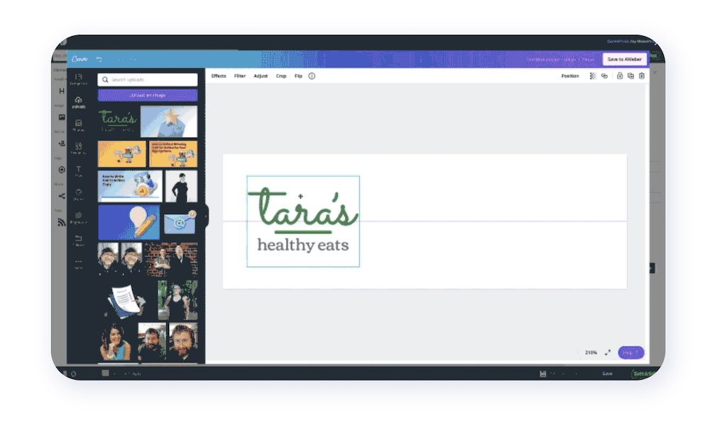 L'interfaccia di AWeber, che mostra l'interfaccia di Canva sovrapposta al visual builder. Il canvas mostra il logo di Tara's Healthy Eats, mentre la barra laterale contiene una serie di grafici e immagini.