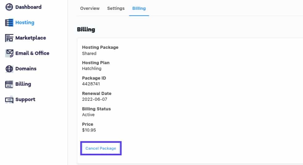 Click on the Billing tab then select Cancel Package