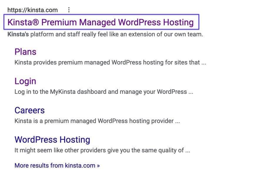 Il sito di Kinsta nella SERP di Google: compaiono il titolo principale del sito, la meta description e i titoli di altre quattro sottopagine
