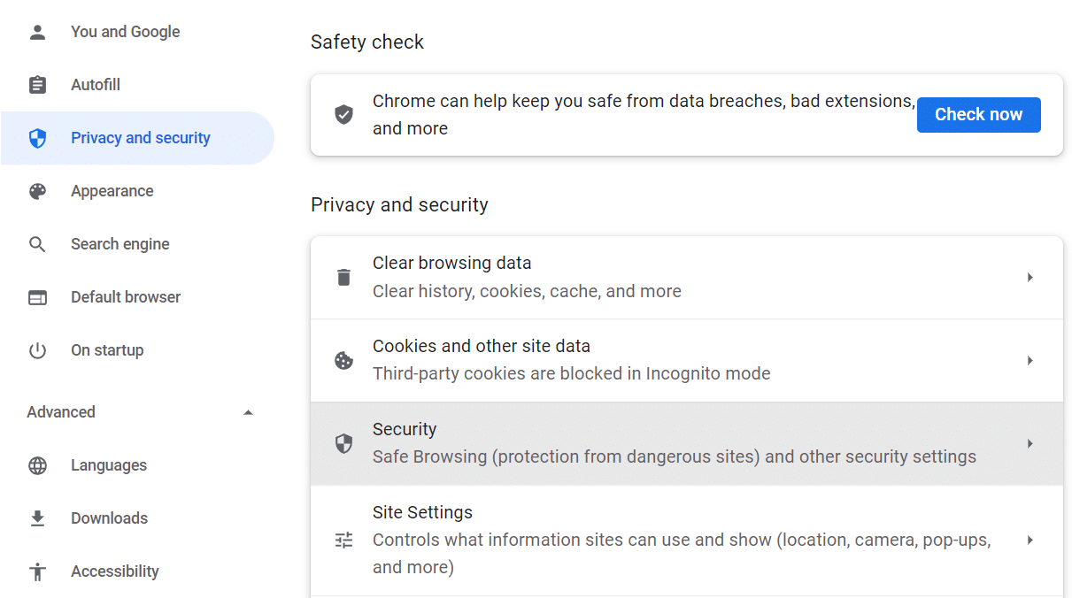 Sélectionnez l'option Sécurité dans les paramètres de Chrome