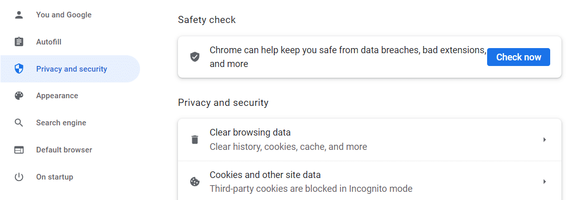 Privacy and security tab in Chrome