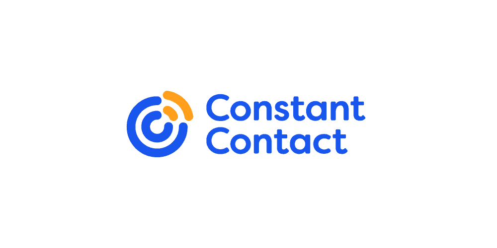 The Constant Contact logo, in blue, with a circular logo containing a section in yellow.