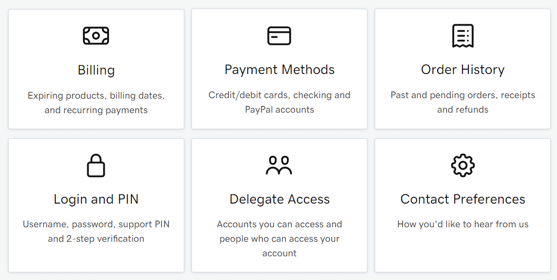 Menú de configuración de la cuenta de GoDaddy