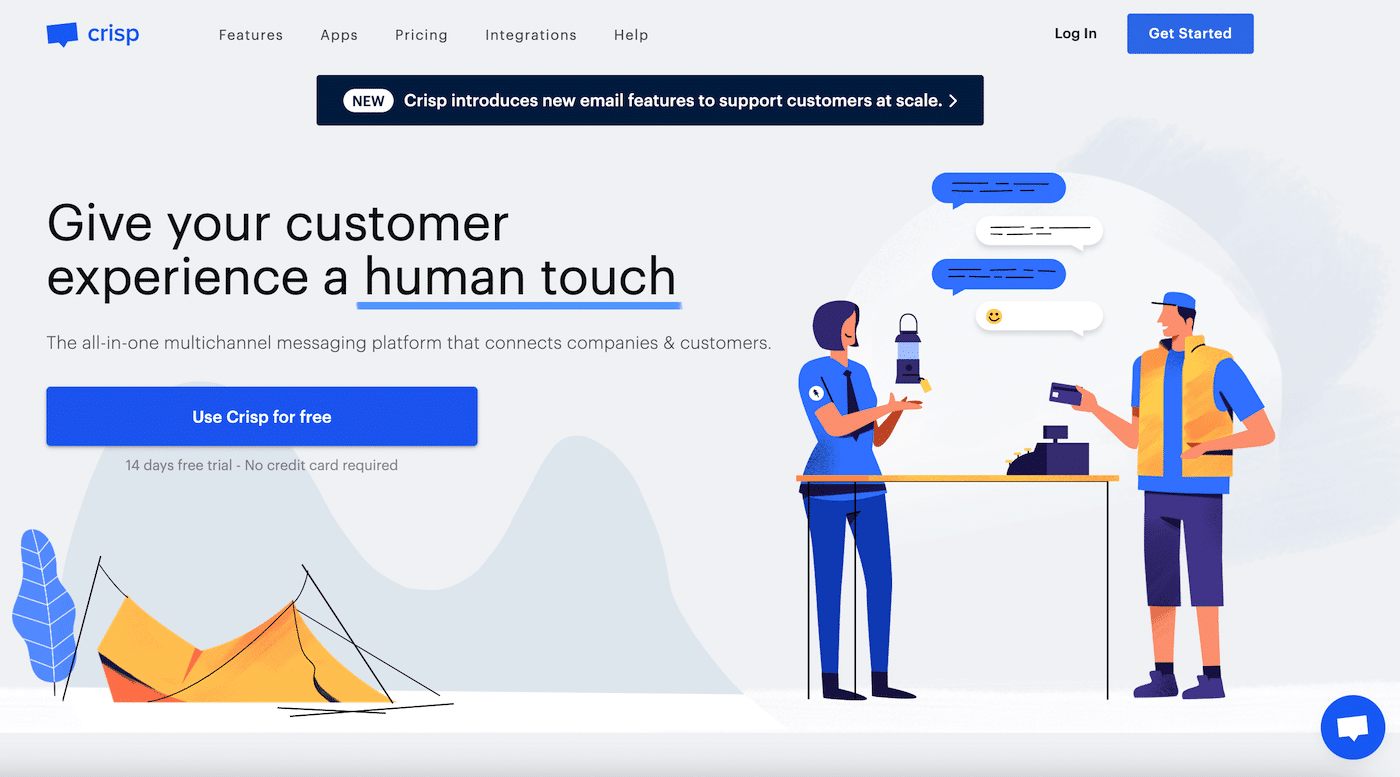 Homepage del plugin di messaggistica Crisp con il motto Give Your Customer Experience a Human Touch