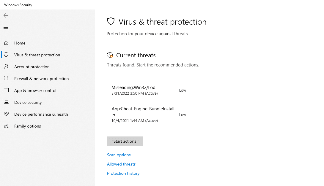 Protección contra virus y amenazas de Windows