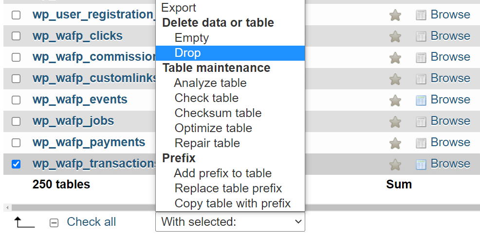 Drop a table MySQL