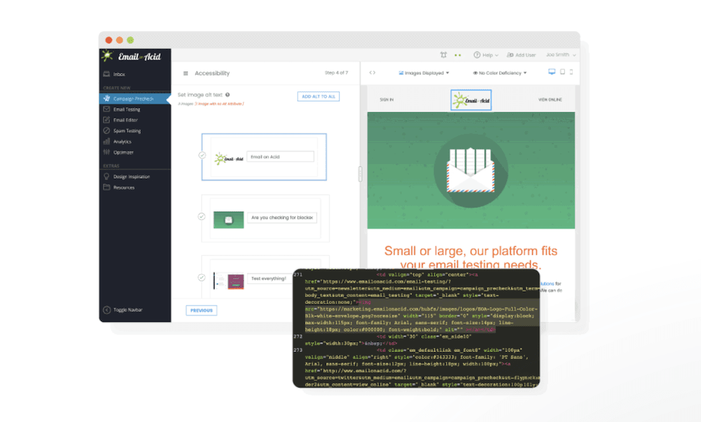 The Email On Acid interface, showing an email, a black sidebar, a pre-deployment checklist in progress, and code relating to an element within the email.