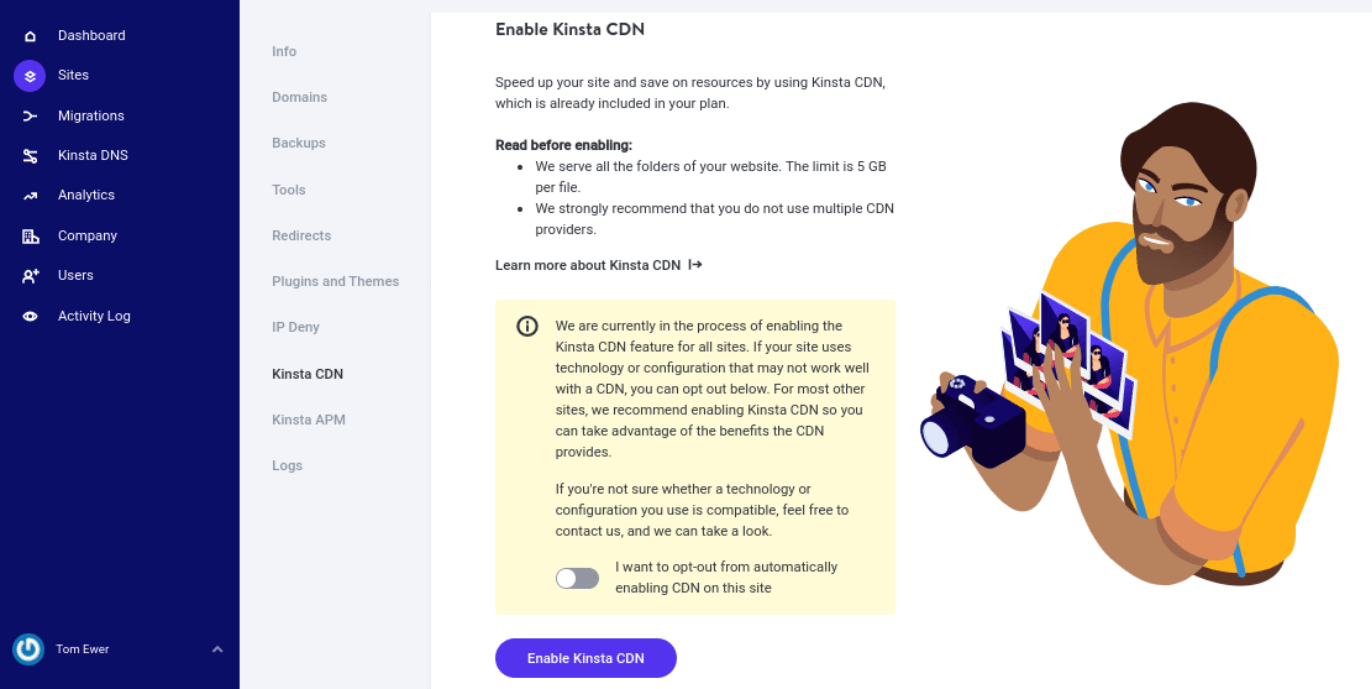 Enable Kinsta CDN in MyKinsta dashboard